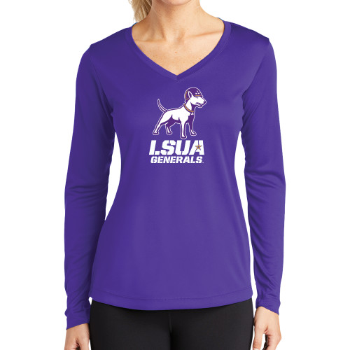  Womens Purple Performance Long Sleeve V Neck Shirt - Bull Terrier LSUA Generals Vertical
