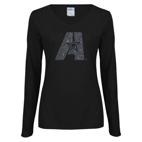  Womens Black Long Sleeve V Neck Tee  - F Graphite Soft Glitter