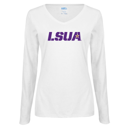  Womens White Long Sleeve V Neck Tee - LSUA