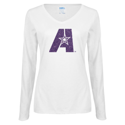  Womens White Long Sleeve V Neck Tee - I Purple Glitter