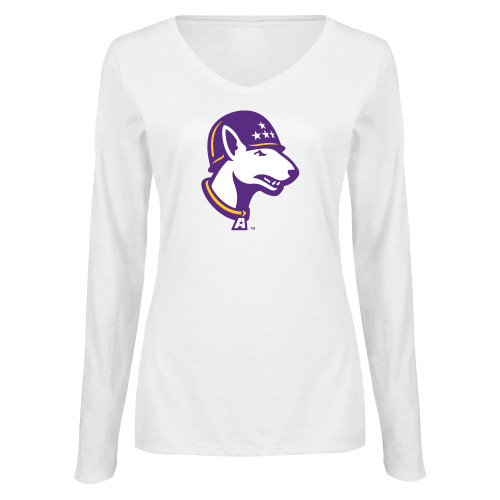  Womens White Long Sleeve V Neck Tee - Bull Terrier head LSUA