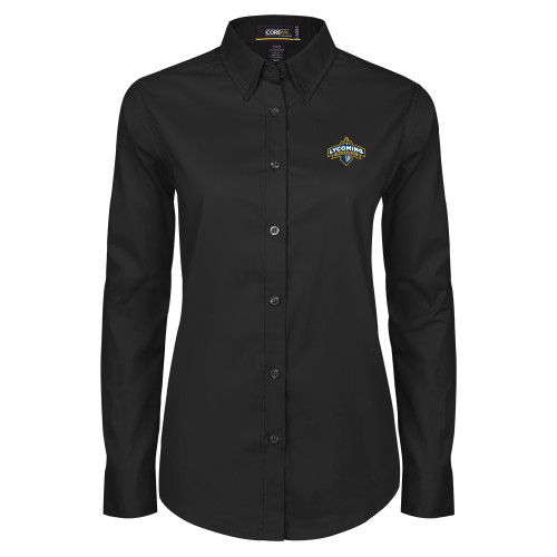  Womens Black Twill Button Down Long Sleeve  - Lycoming Warriors Athletic Logo