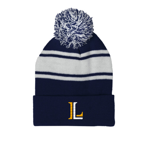  Navy/White Two Tone Knit Pom Beanie w/Cuff - Lycoming Athletic L