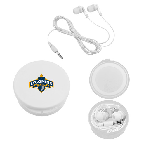  Ear Buds in White Case - Lycoming Warriors Sword Athletic Logo