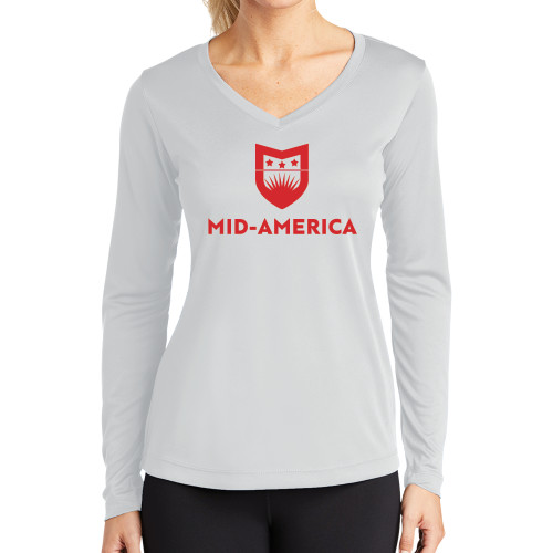  Womens White Performance Long Sleeve V Neck Shirt - Mid America Stacked