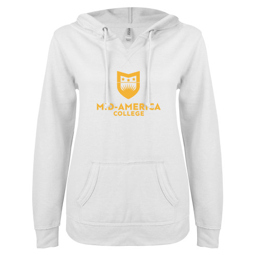  ENZA Womens White V Notch Raw Edge Fleece Hoodie - CAMA Stacked