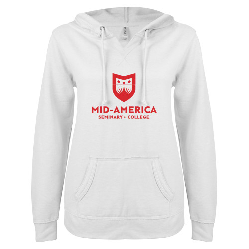  ENZA Womens White V Notch Raw Edge Fleece Hoodie - MA Seminary and College Stacked
