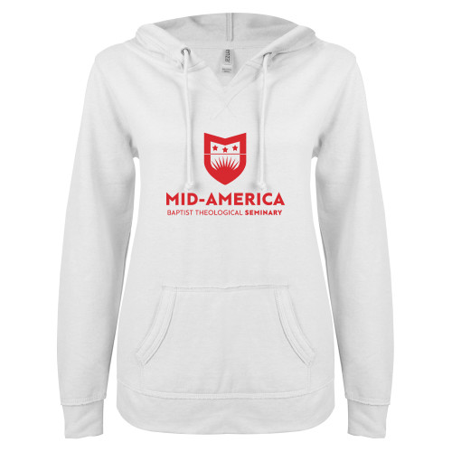  ENZA Womens White V Notch Raw Edge Fleece Hoodie - MABT Seminary Stacked