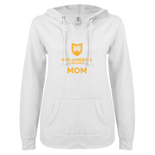  ENZA Womens White V Notch Raw Edge Fleece Hoodie - CAMA Mom