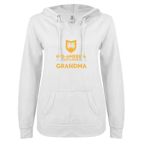  ENZA Womens White V Notch Raw Edge Fleece Hoodie - CAMA Grandma