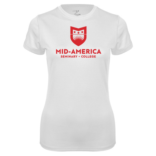  Womens White Performance Tee - MA Seminary and College Stacked