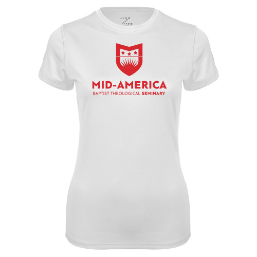  Womens White Performance Tee - MABT Seminary Stacked