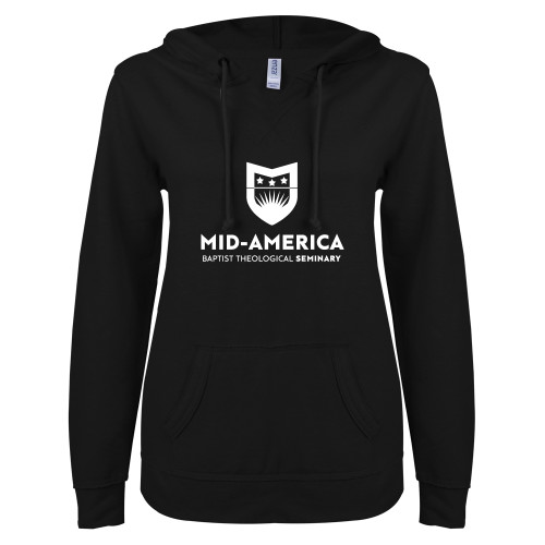  ENZA Womens Black V Notch Raw Edge Fleece Hoodie - MABT Seminary Stacked