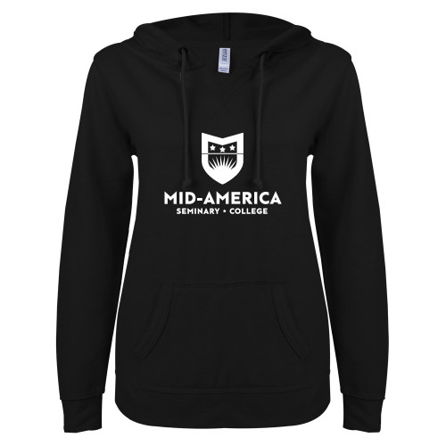  ENZA Womens Black V Notch Raw Edge Fleece Hoodie - MA Seminary and College Stacked