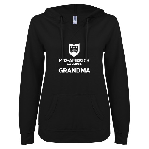  ENZA Womens Black V Notch Raw Edge Fleece Hoodie - CAMA Grandma