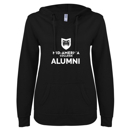  ENZA Womens Black V Notch Raw Edge Fleece Hoodie - CAMA Alumni
