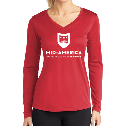  Womens Red Performance Long Sleeve V Neck Shirt - MABT Seminary Stacked
