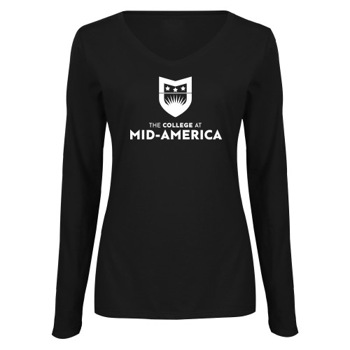  Womens Black Long Sleeve V Neck Tee  - CAMA Stacked