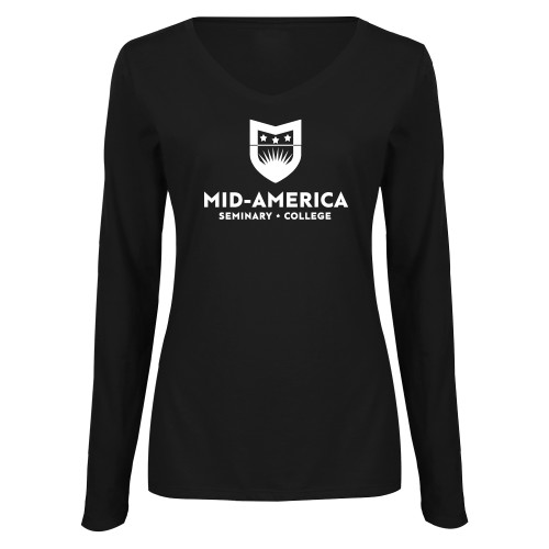  Womens Black Long Sleeve V Neck Tee  - MA Seminary and College Stacked