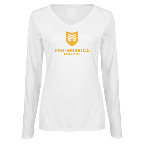  Womens White Long Sleeve V Neck Tee - CAMA Stacked