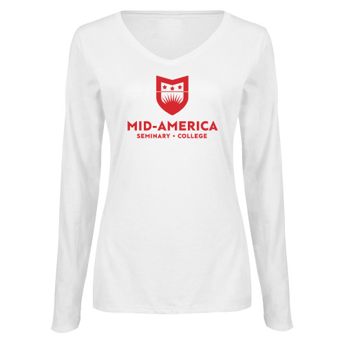  Womens White Long Sleeve V Neck Tee - MA Seminary and College Stacked