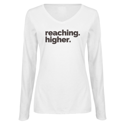  Womens White Long Sleeve V Neck Tee - reaching higher