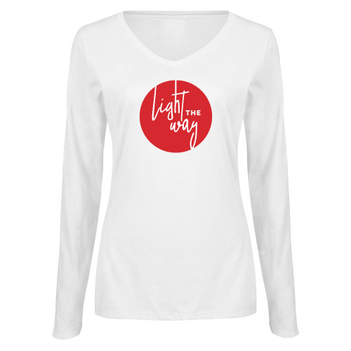  Womens White Long Sleeve V Neck Tee - Light the Way