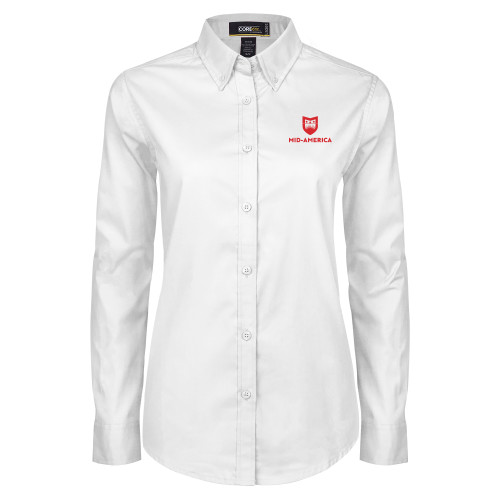  Womens White Twill Button Down Long Sleeve - Mid America Stacked