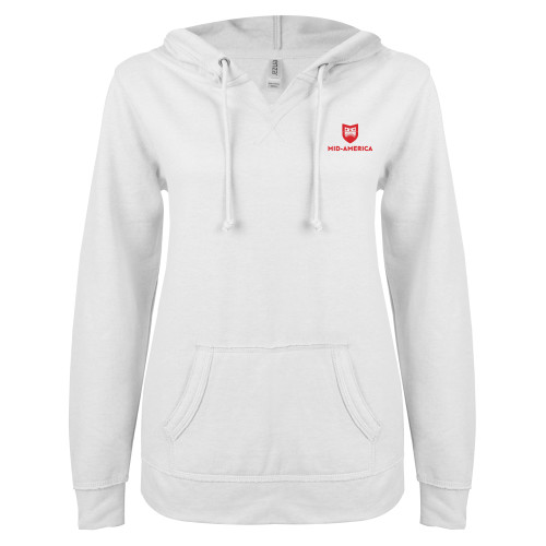  ENZA Womens White V Notch Raw Edge Fleece Hoodie - Mid America Stacked