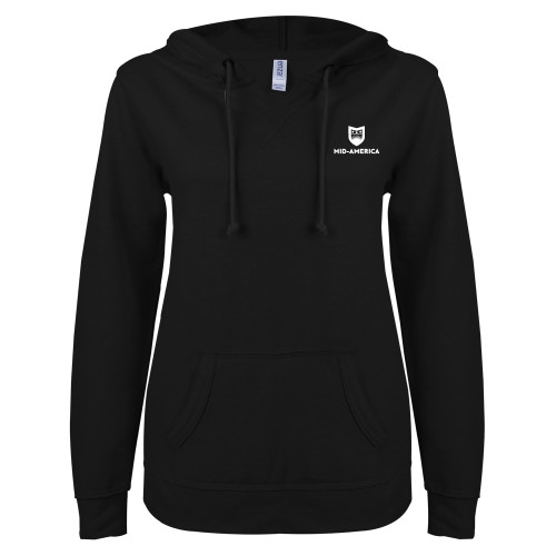  ENZA Womens Black V Notch Raw Edge Fleece Hoodie - Mid America Stacked