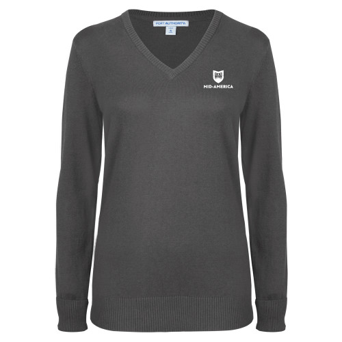  Womens Charcoal Heather VNeck Sweater - Mid America Stacked