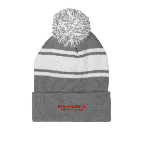  Grey/White Two Tone Knit Pom Beanie w/Cuff - MA Seminary and College Wordmark