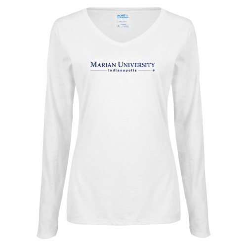  Womens White Long Sleeve V Neck Tee - Primary Mark Dark Blue Glitter