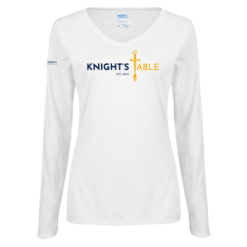  Womens White Long Sleeve V Neck Tee - Knights Table