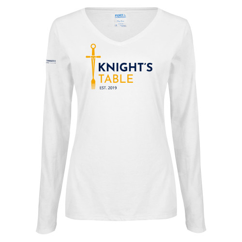 Womens White Long Sleeve V Neck Tee - Knights Table Alternative Mark