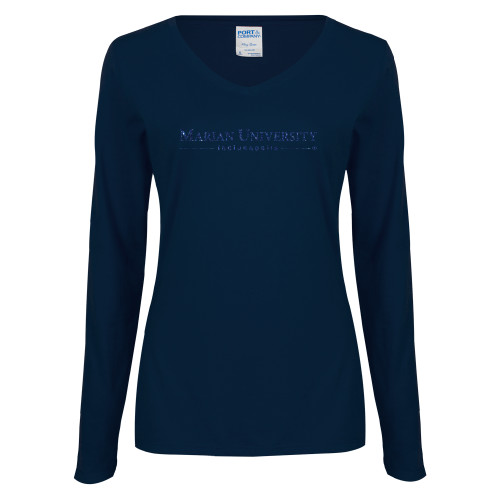  Womens Navy Long Sleeve V Neck Tee - Primary Mark Dark Blue Glitter