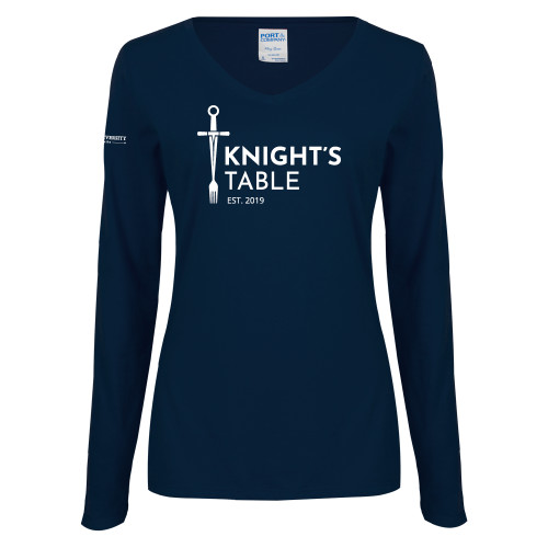  Womens Navy Long Sleeve V Neck Tee - Knights Table Alternative Mark