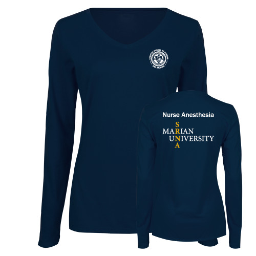  Womens Navy Long Sleeve V Neck Tee - Leighton School of Nursing