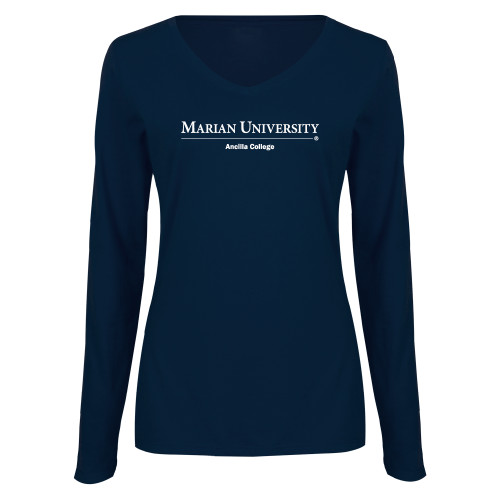  Womens Navy Long Sleeve V Neck Tee - Ancilla College