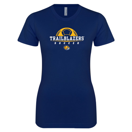  Next Level Womens Navy Boyfriend Tee - Soccer Half Ball Design
