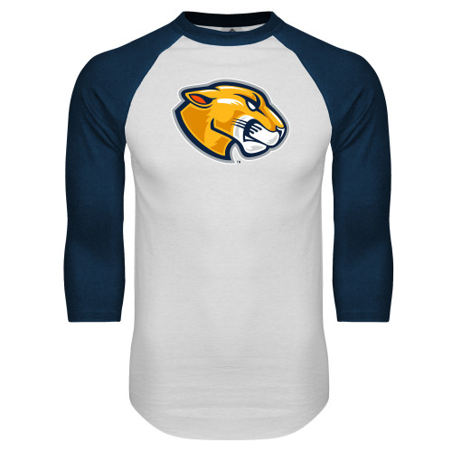  White/Navy Raglan Baseball T Shirt - Mascot Head