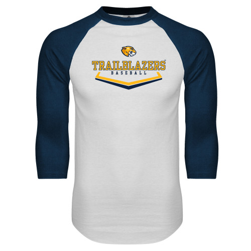  White/Navy Raglan Baseball T Shirt - Baseball Plate Design