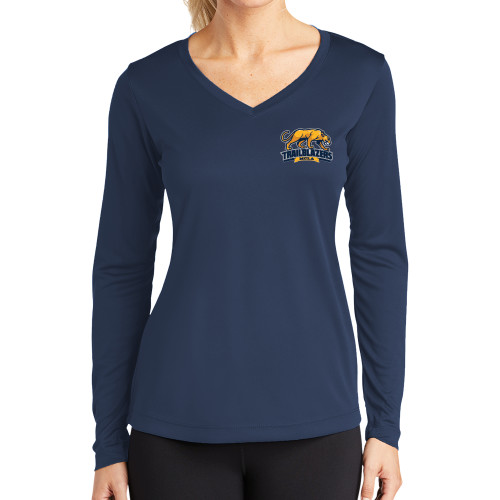  Womens Navy Performance Long Sleeve V Neck Shirt - Primary Mark