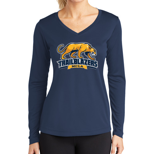  Womens Navy Performance Long Sleeve V Neck Shirt - Primary Mark