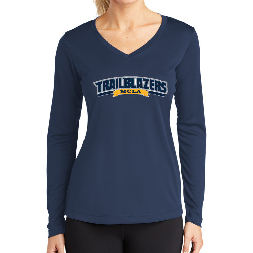  Womens Navy Performance Long Sleeve V Neck Shirt - Wordmark