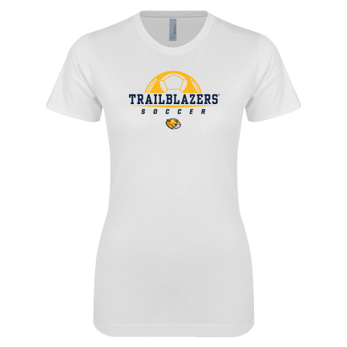  Next Level Womens White Boyfriend Tee - Soccer Half Ball Design