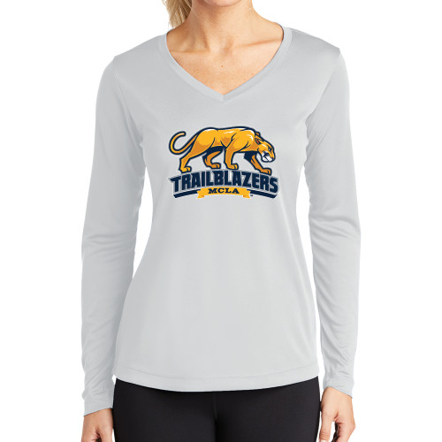  Womens White Performance Long Sleeve V Neck Shirt - Primary Mark