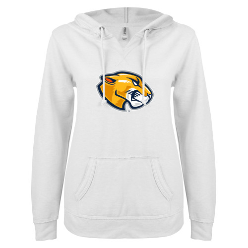  ENZA Womens White V Notch Raw Edge Fleece Hoodie - Mascot Head