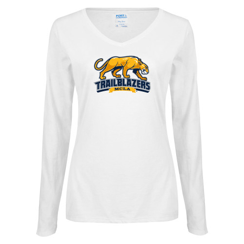  Womens White Long Sleeve V Neck Tee - Primary Mark