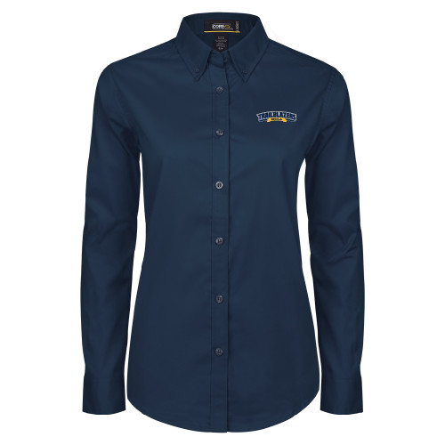  Womens Navy Twill Button Down Long Sleeve  - Wordmark